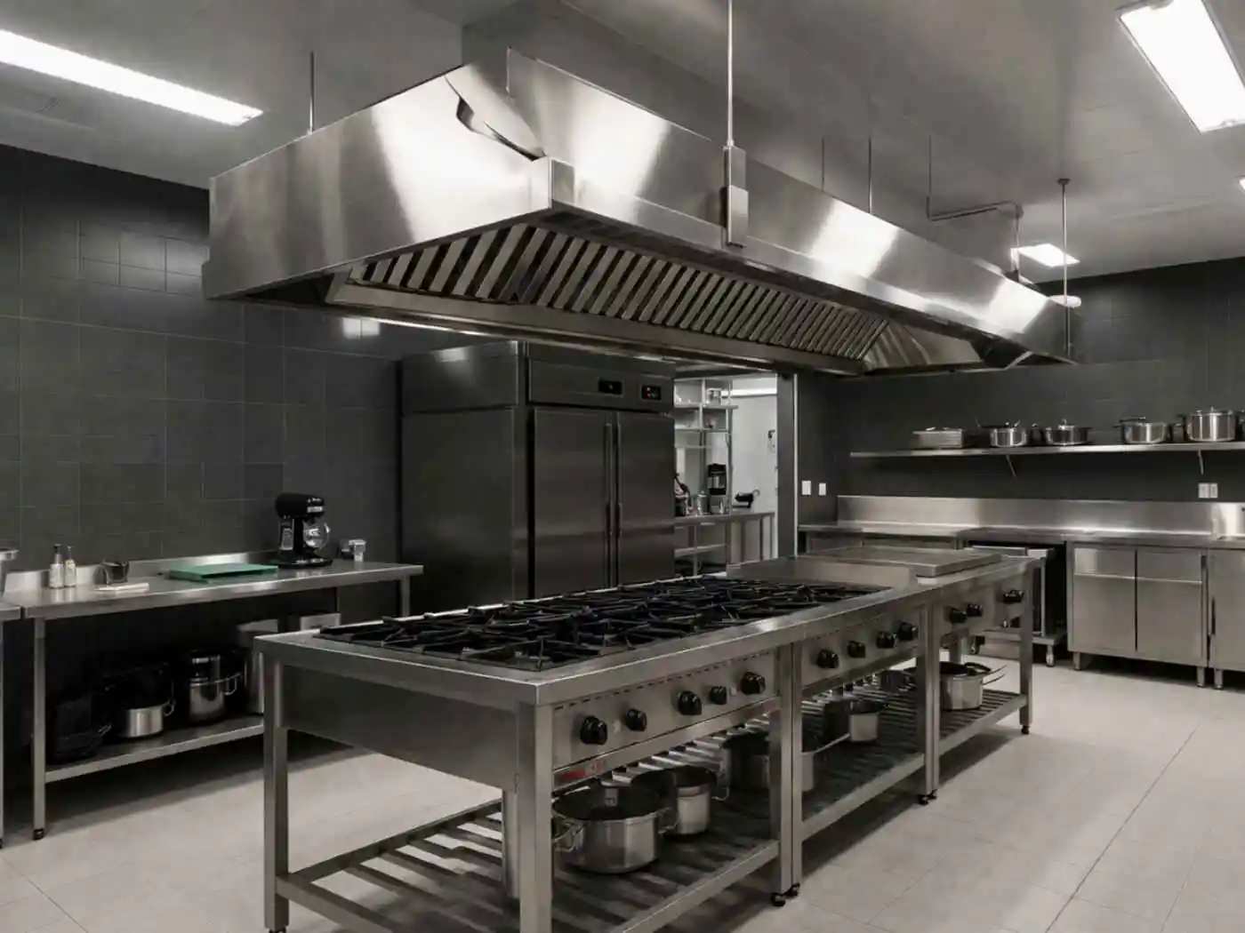 Coifa instalada em cozinha profissional com sistema de exaustão sob medida