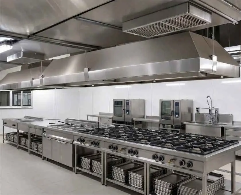 Coifa industrial com dutos instalada em cozinha profissional