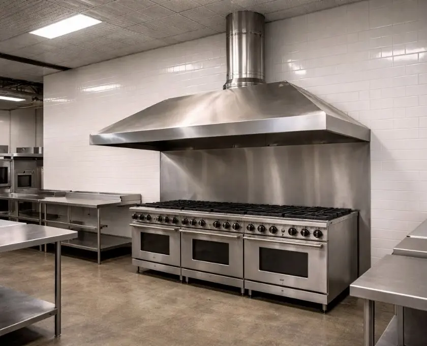 Coifa industrial instalada em cozinha profissional