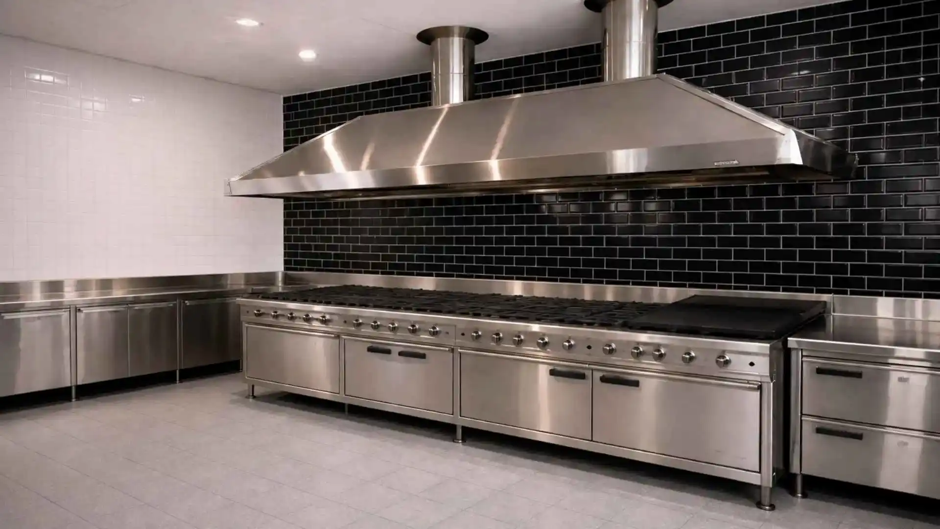 Coifa industrial instalada em cozinha profissional com sistema de exaustão